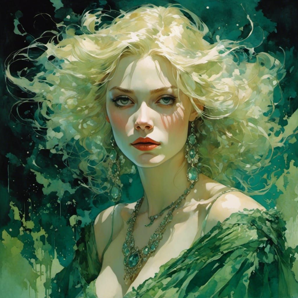 Beautiful Blonde Witch in Green: Digital Illustration