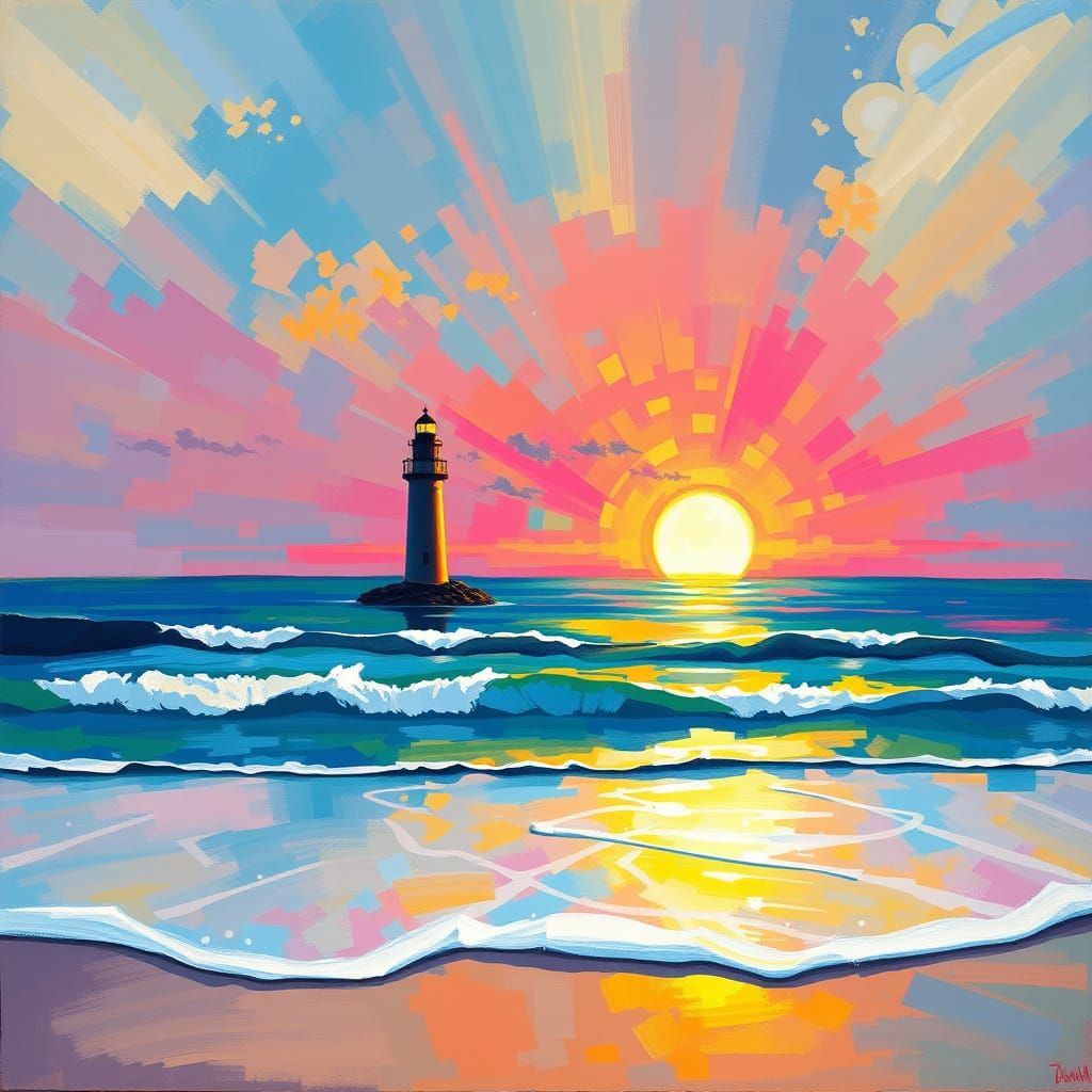Lighthouse in Radiant Morning Light Over Ocean Beach