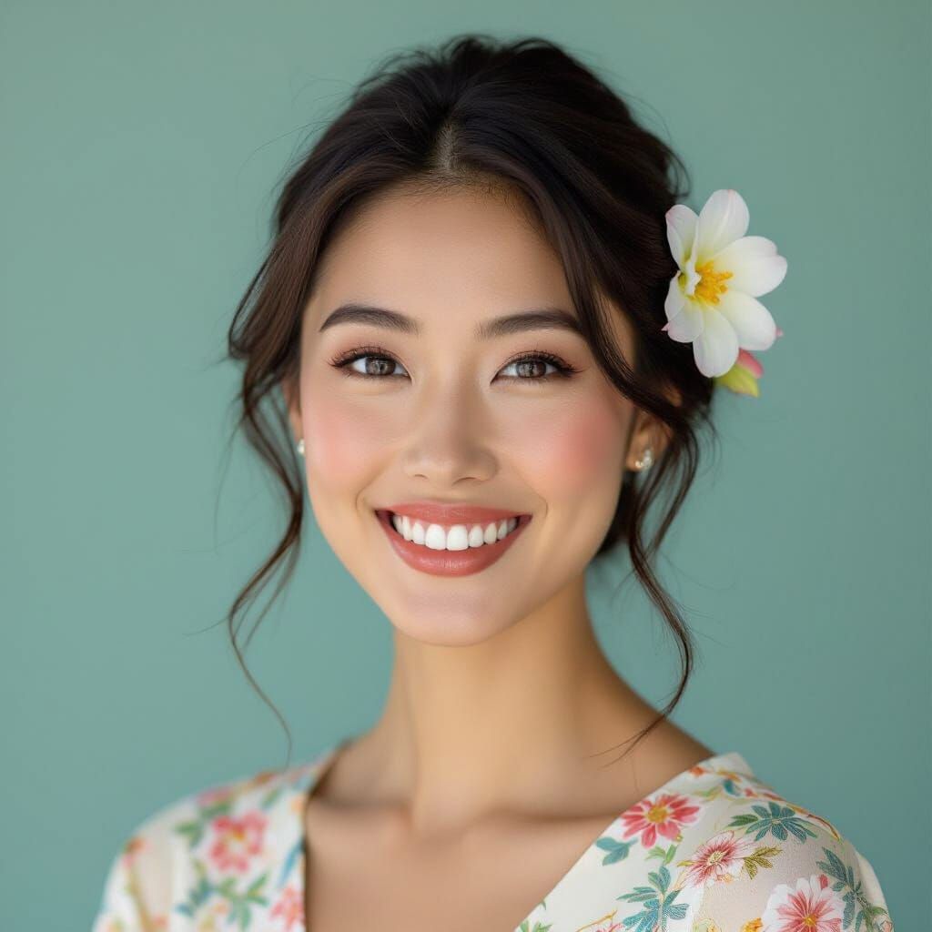 Elegant Asian Woman with Flower, Art Nouveau Style