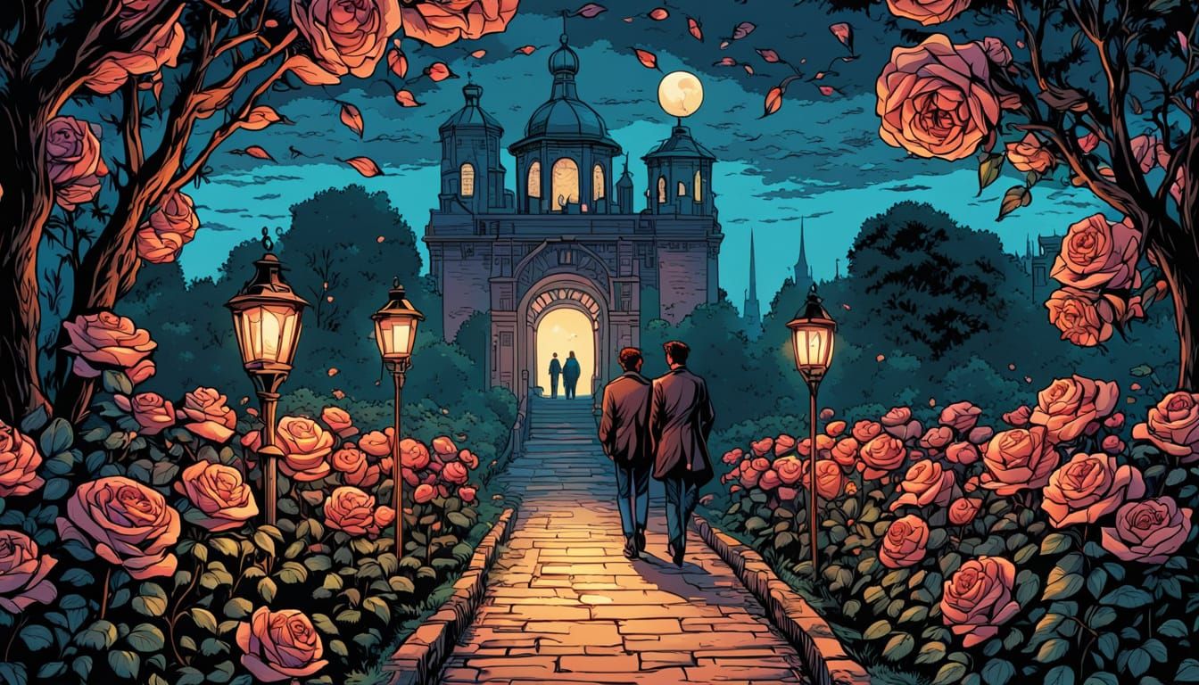 Victorian Garden Couple in Comic Book Style