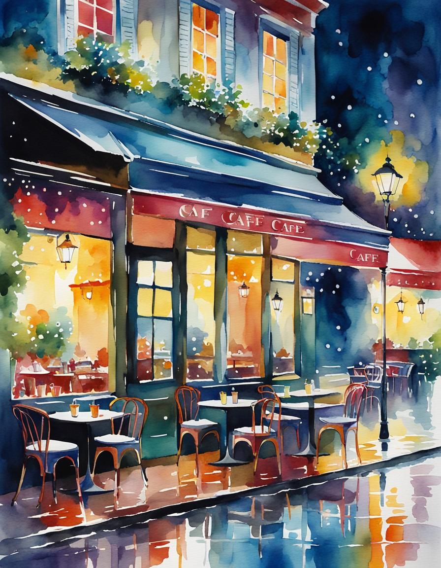 Colorful Cafe at Night in Watercolor Style