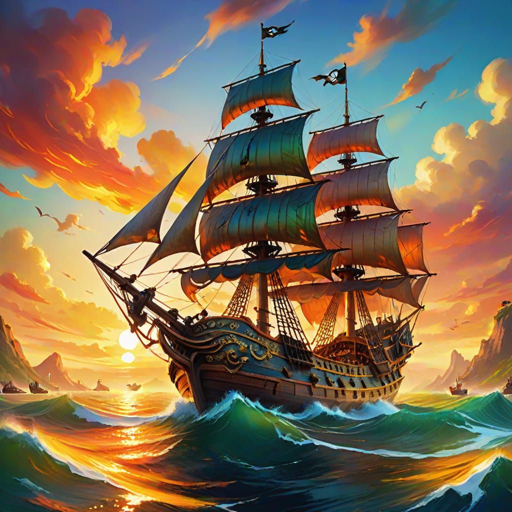 Pirate Ship Goldran Sailing: Oil Painting in Triadic Colors