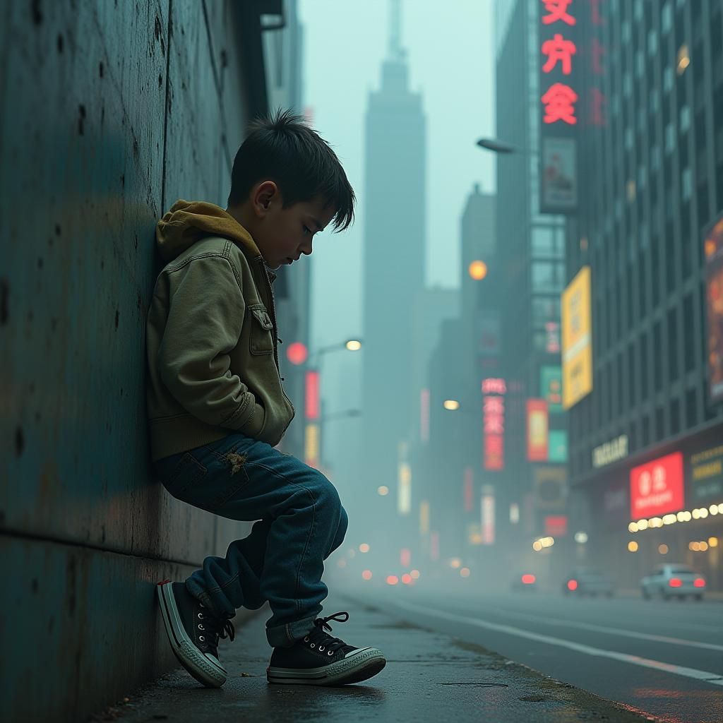 Dystopian Future: Boy in Cyberpunk Cityscape
