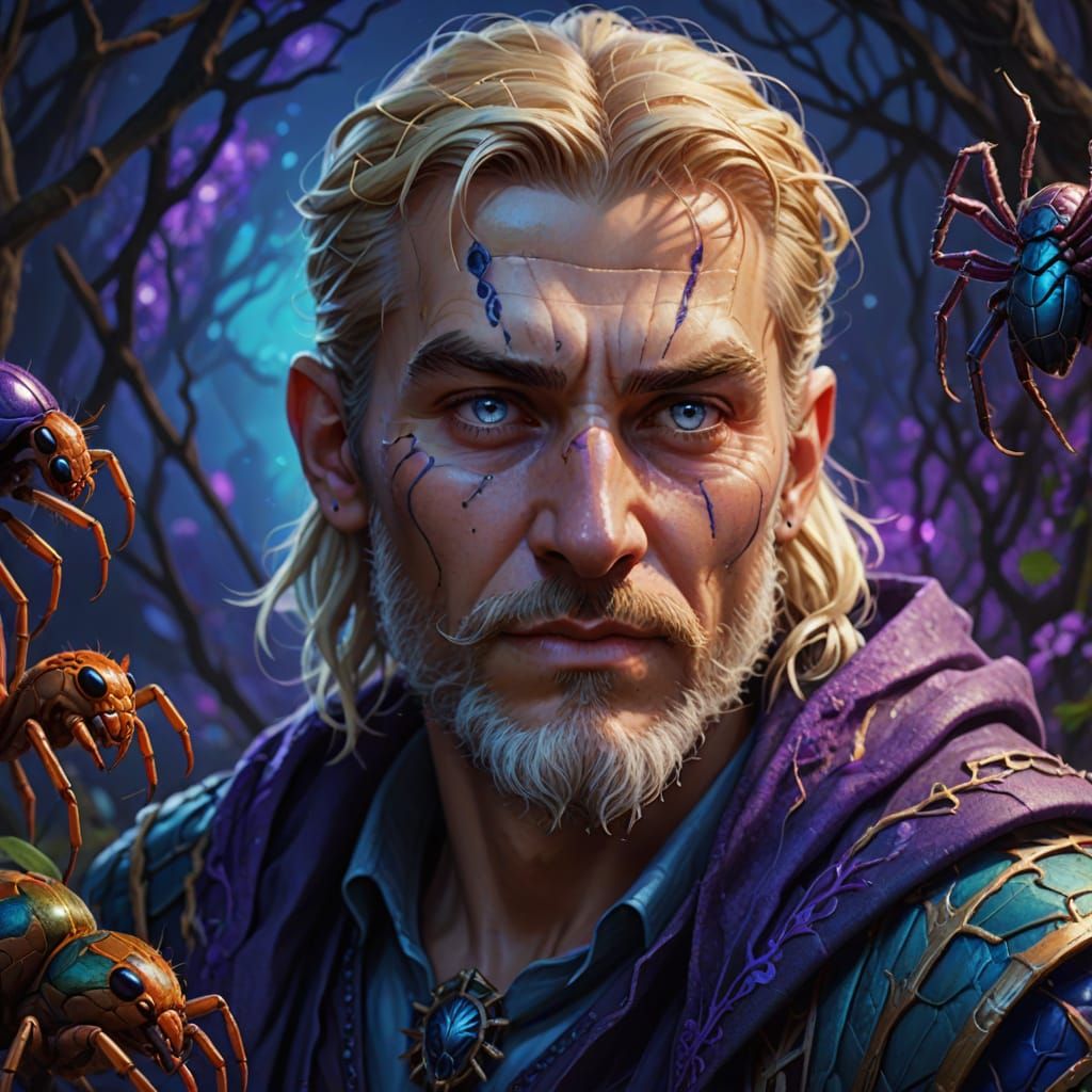 Druid Man with Spider and Mouse in Hyperrealism