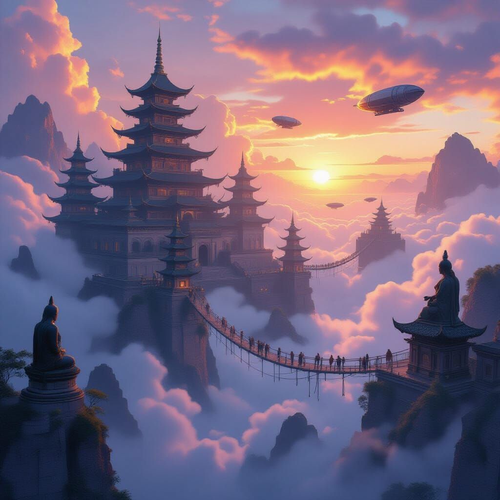 Fantasy Lost City in Clouds with Pagodas and Airships
