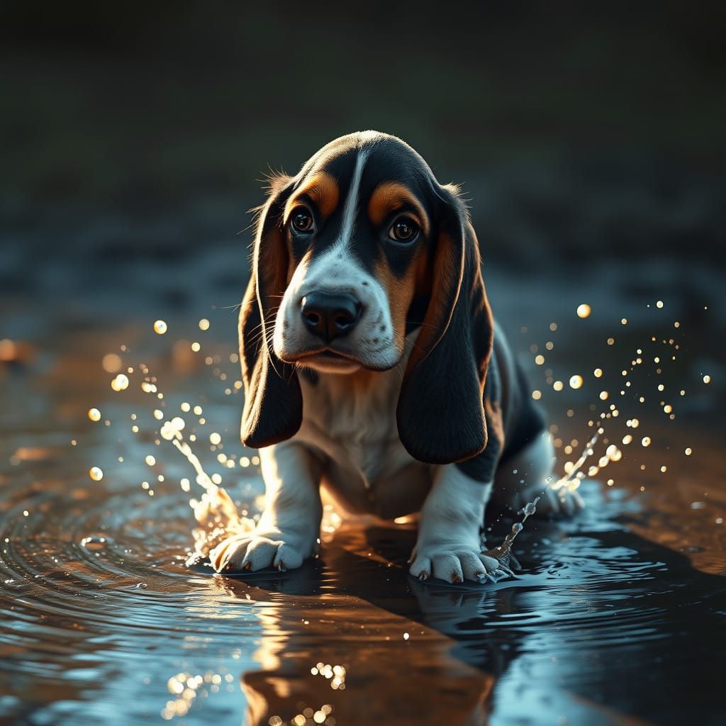 Basset Hound Puppy in a Water Puddle Portrait