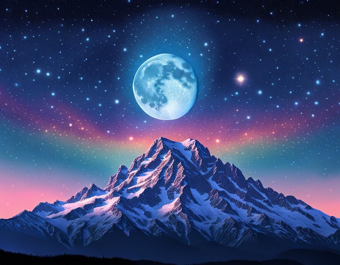 Majestic Mountain and Moon in Pointillism Style