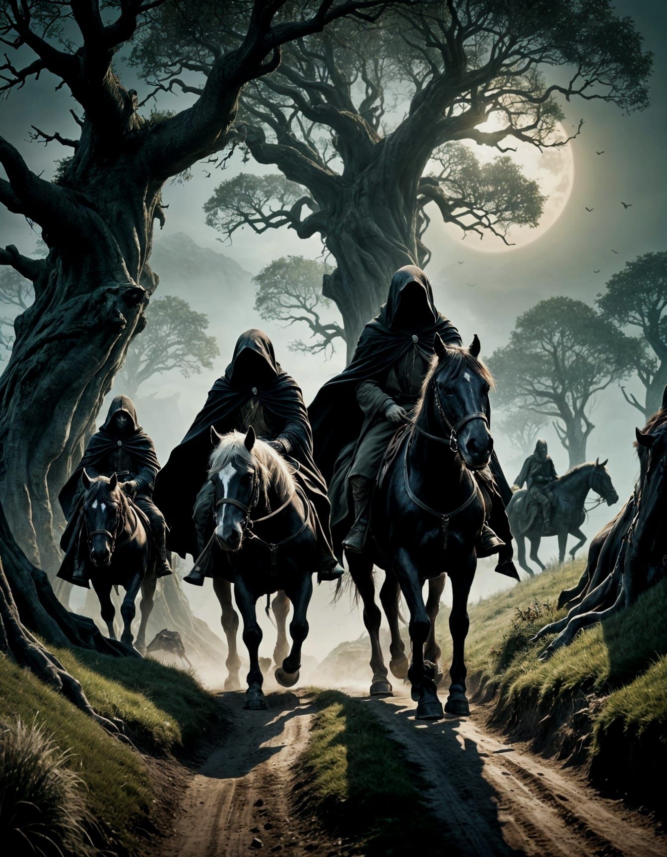 Hobbits Hide from Black Rider in Moonlight