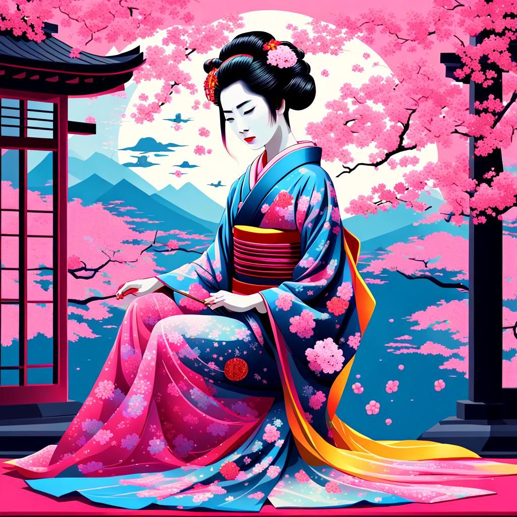 Geisha in Cherry Blossom Kimono: Lite Brite Art