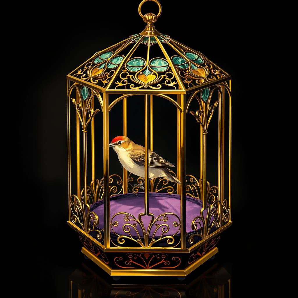 Art Deco Birdcage With Songbird In Brass and Stained Glass