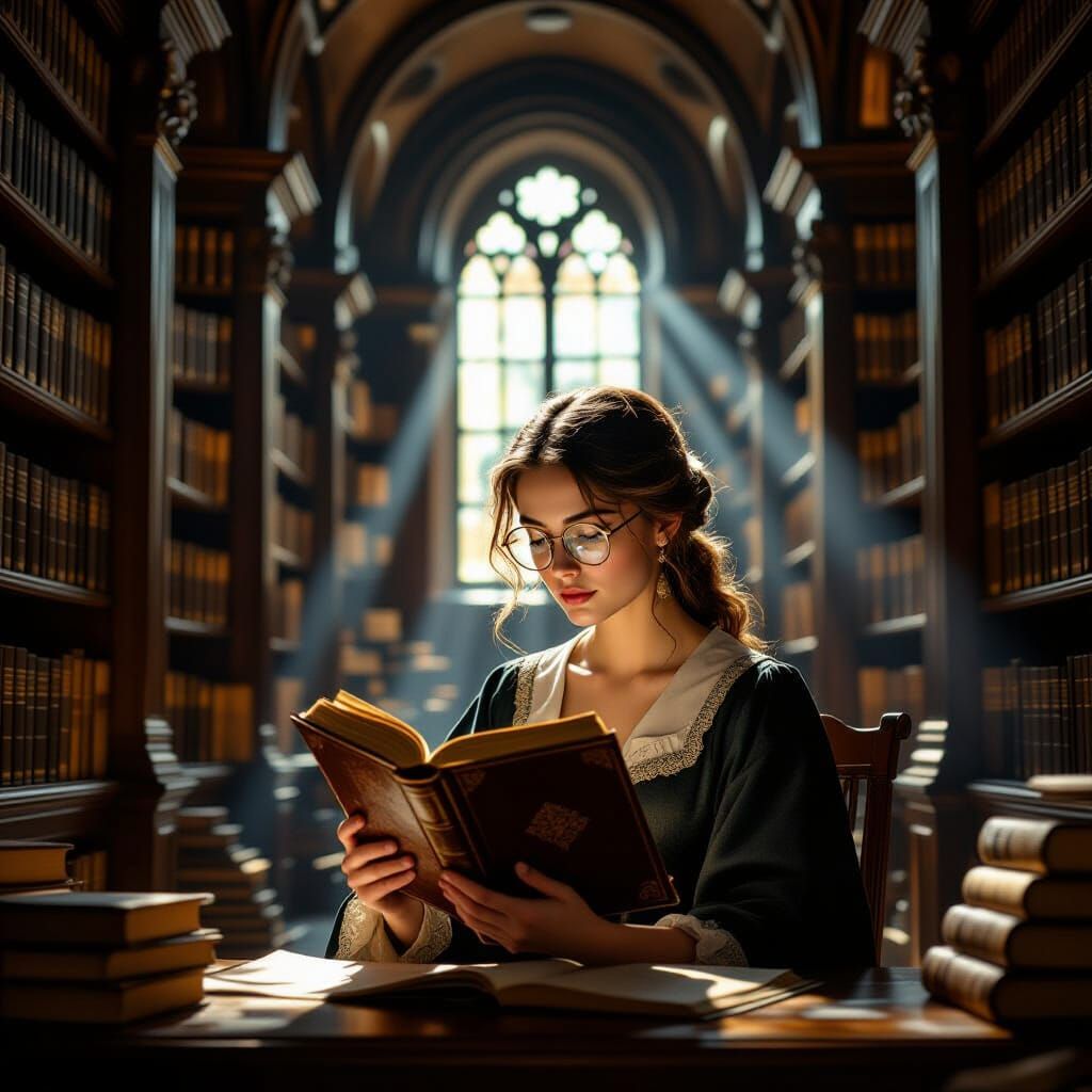 Woman Reading Ancient Book in Sunlit Library