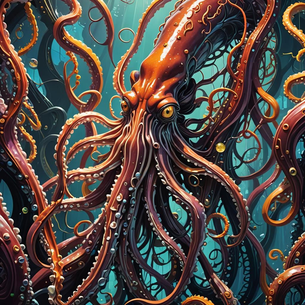 Giant Squid in Art Deco Impasto Style