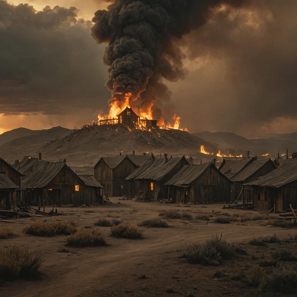 Western Town Ablaze: Dark Fantasy Cinematic Still