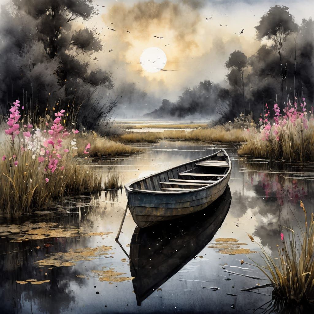 Majestic Crane in Wetland, as Watercolour Painting