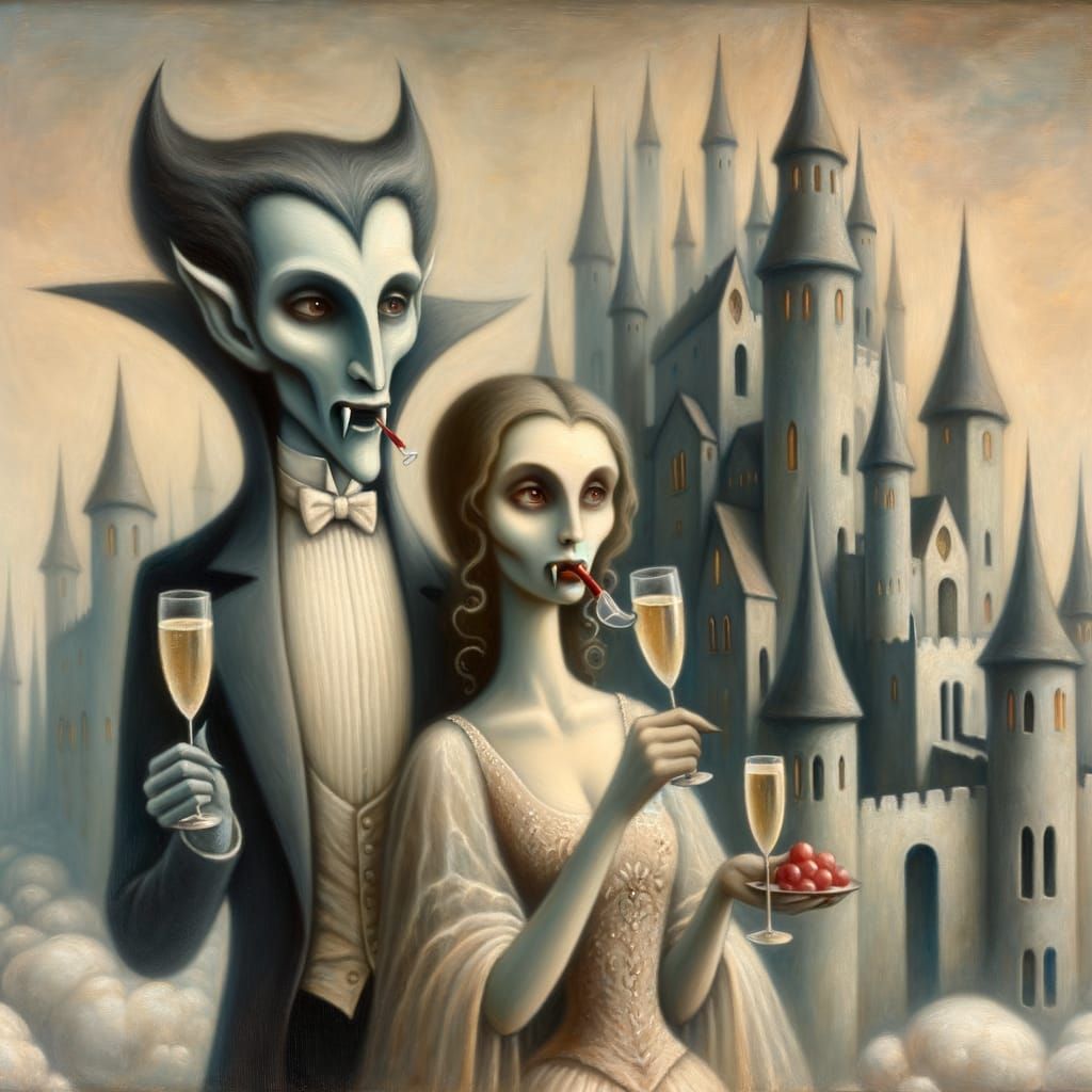 Vampires Toasting Champagne in Surreal Castle Painting