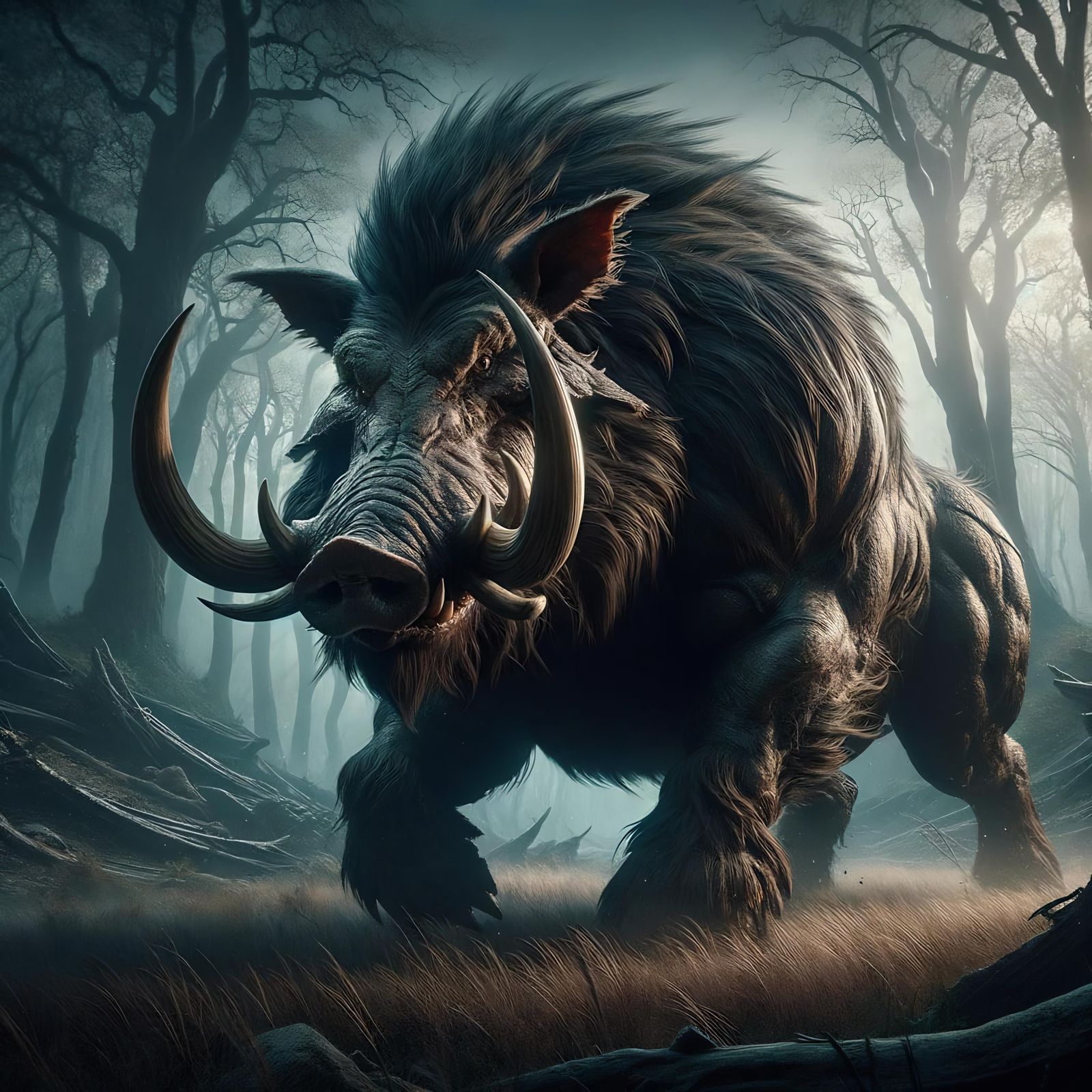 Fearsome Dire Boar in Dark Fantasy Scene