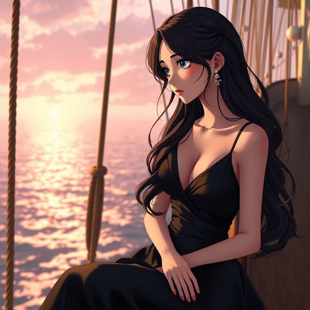A stunningly dreamy and ethereal anime-style portrait of a young, beautiful woman in a black satin dress, sitting on the...