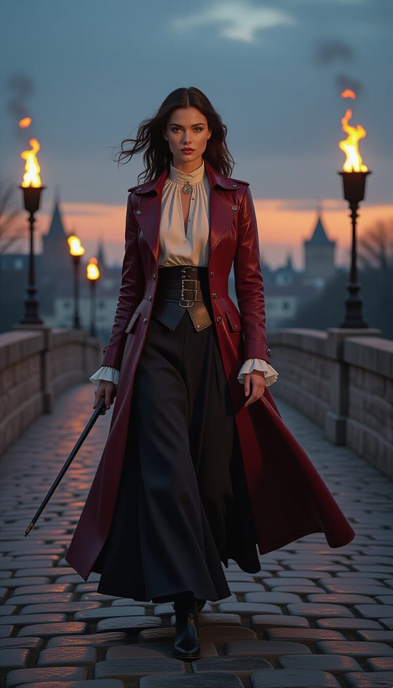 Woman on Stone Bridge at Twilight in Realism Style