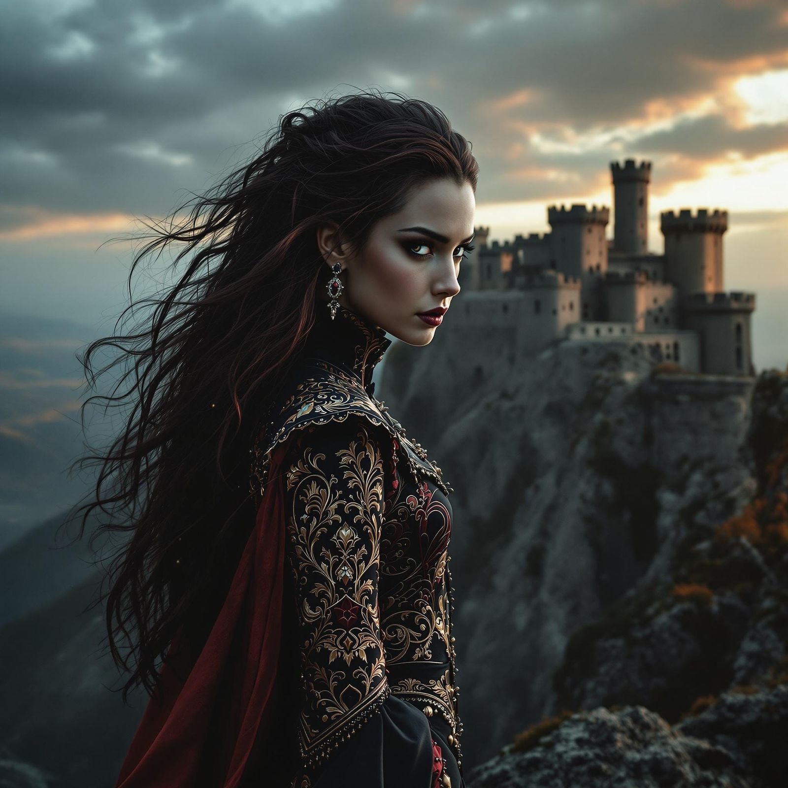 Regal Queen in Medieval Fortress, Cinematic Film Still