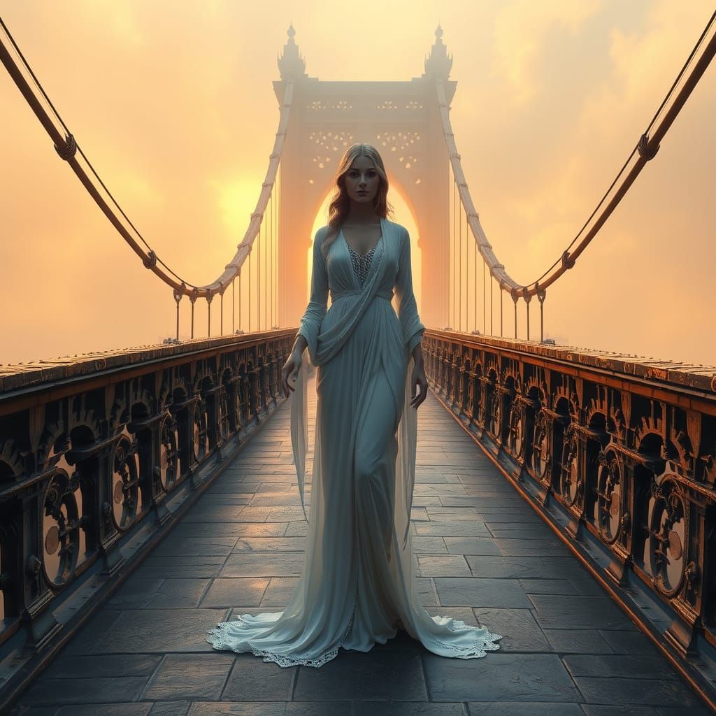 Ethereal Goddess on a Gothic Art Nouveau Bridge