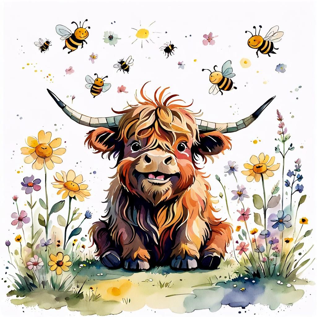 Adorable Chibi Highland Cow Illustration by Quentin Blake