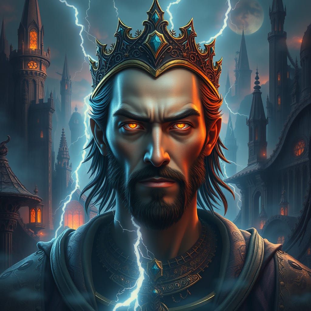 Regal Figure with Shimmering Eyes in Fantasy Landscape