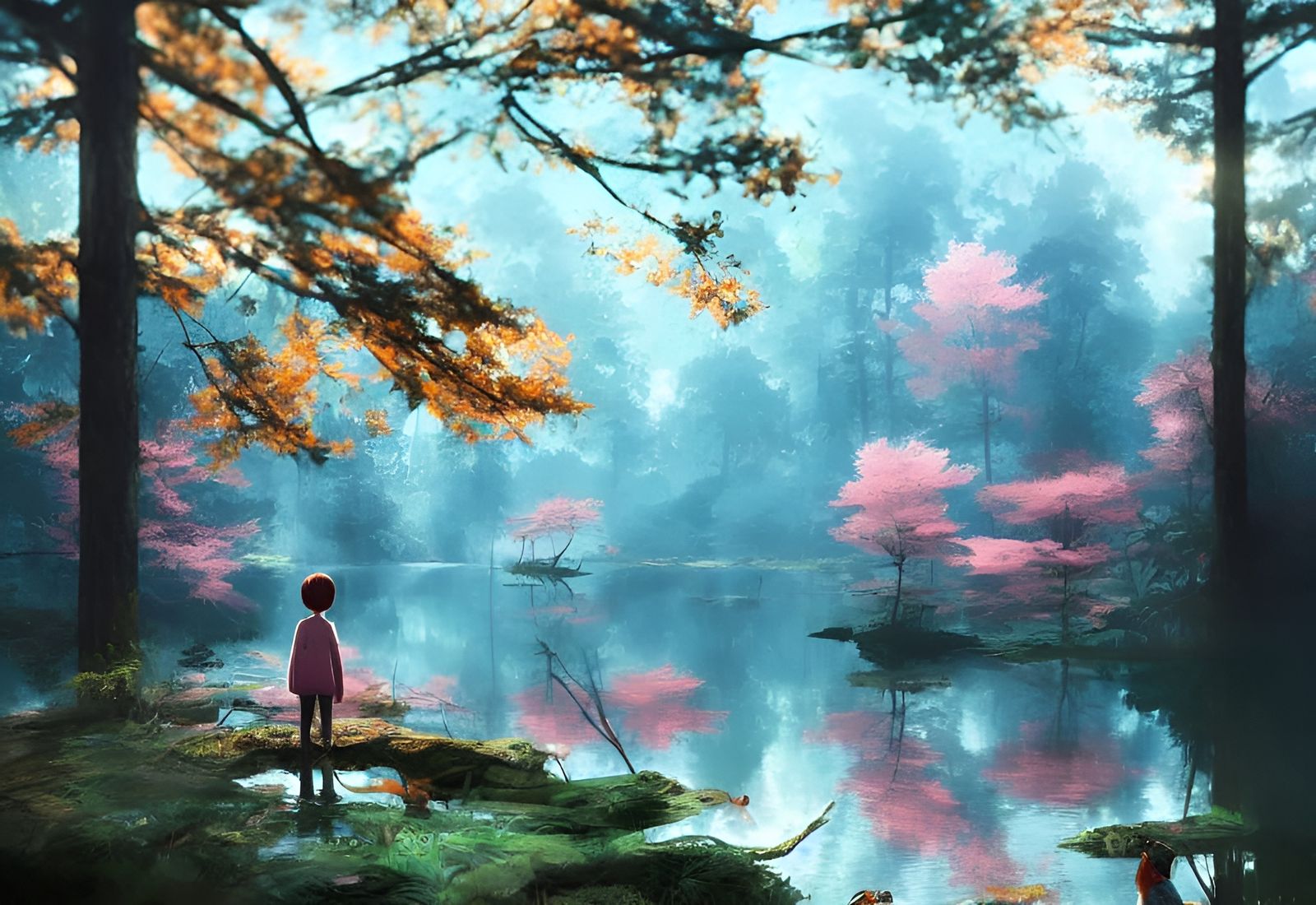 Forest Lake Digital Illustration in Anime Style