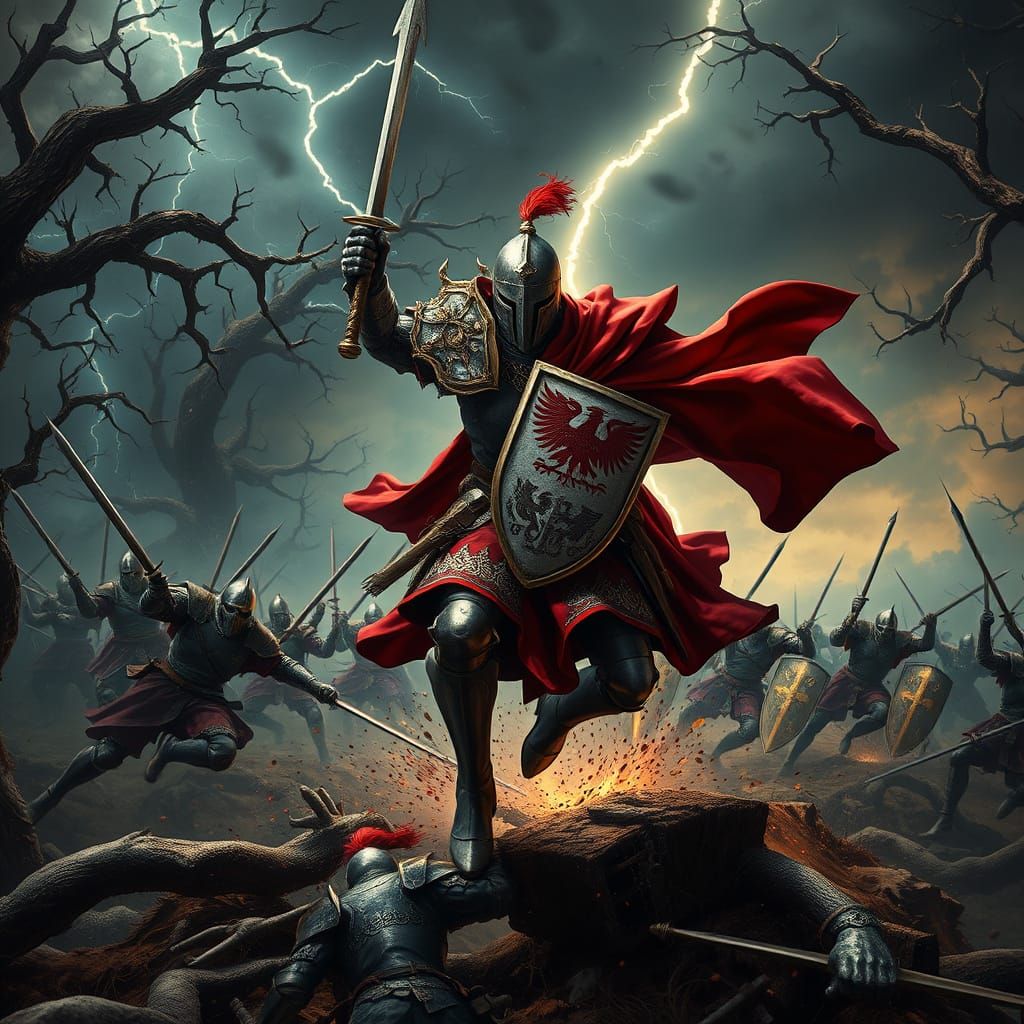 Polish Knight Battles Germanic Warriors in Epic Fantasy Land...
