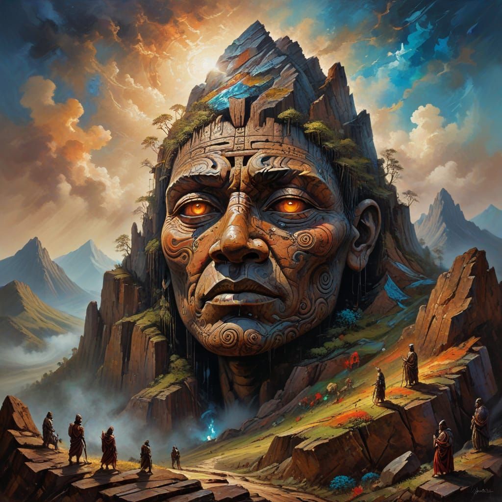 Ancient Mountain Face Ritual in Impasto Oil Painting