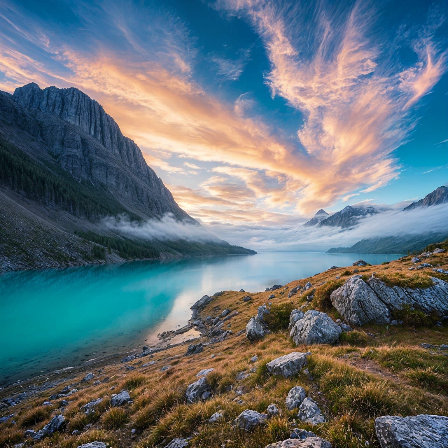 Mystical Mountain Lake with Glowing Blue Water