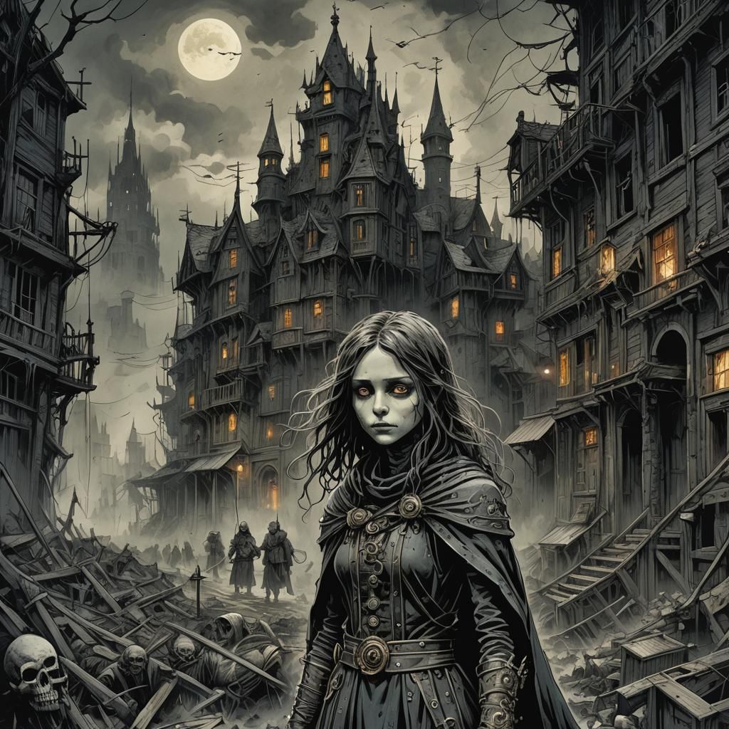 Dystopian Survivor in Gothic Horror Landscape