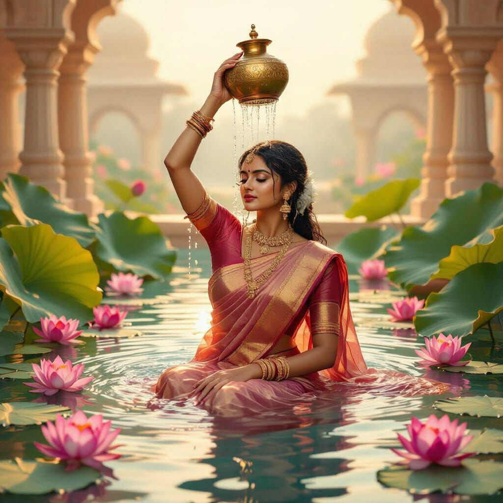 Indian Woman Bathes in Lotus Pool as Oil Painting