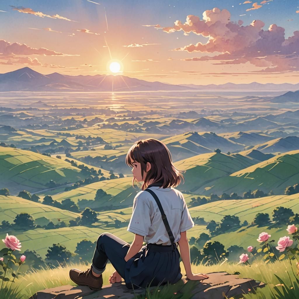 Anime Girl Overlooking Landscape in Watercolor Style