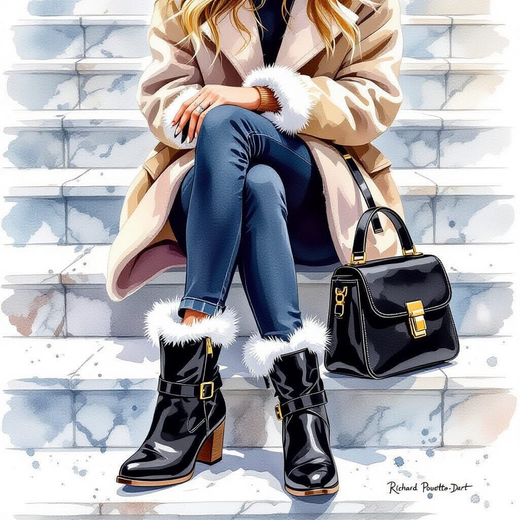 Watercolor Painting of Woman Modeling Boots and Purse