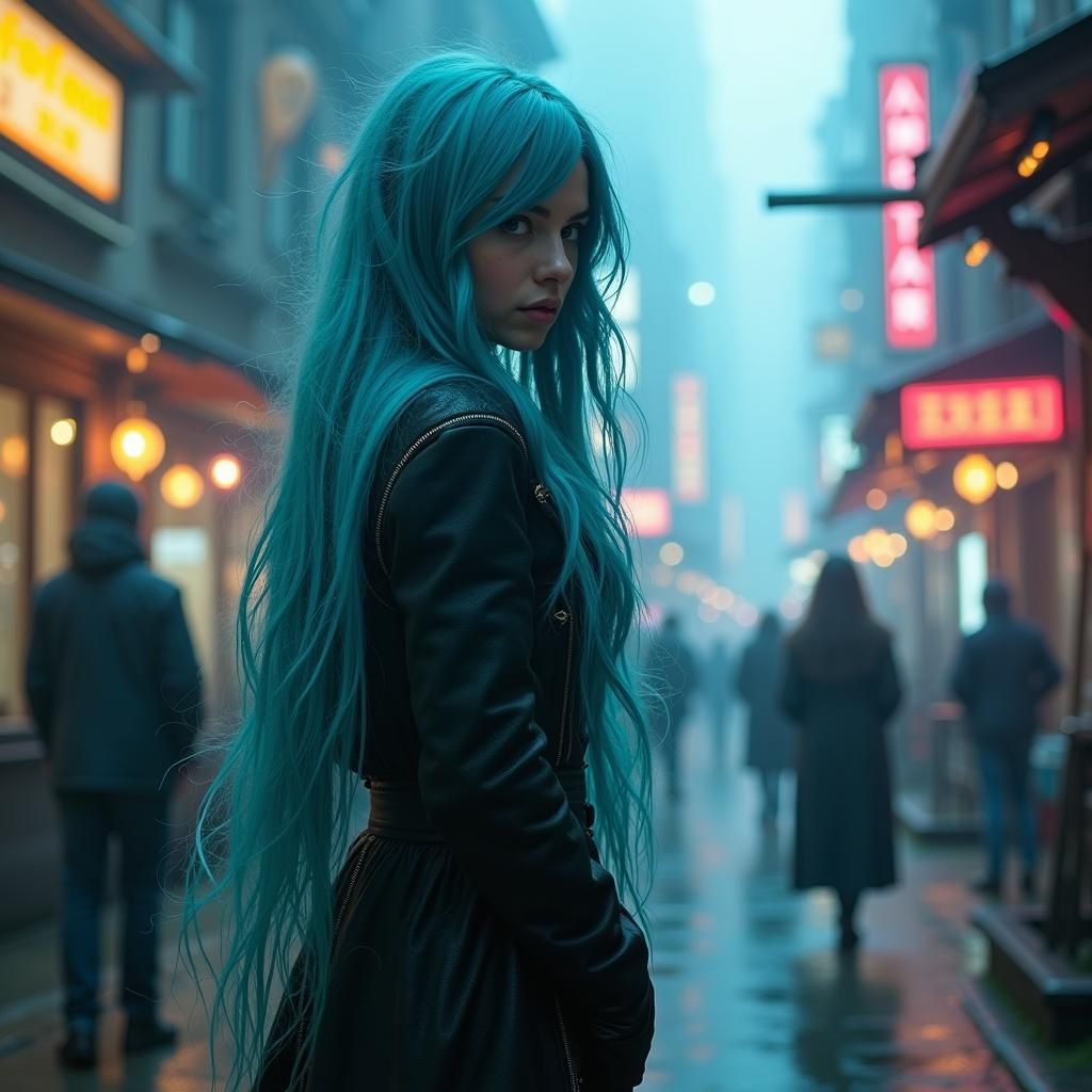 Enchanting Steampunk Artist Girl in Neon Cityscape