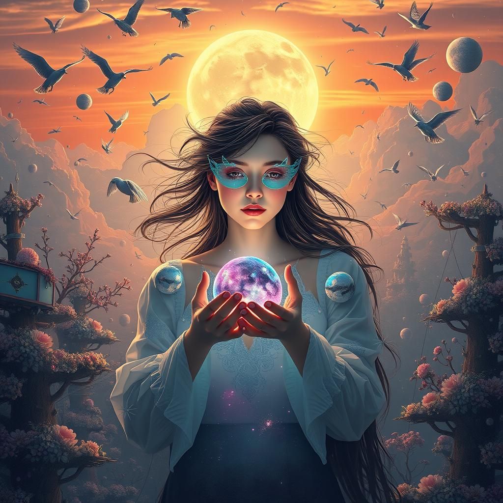 Woman Holding Cosmos in Surrealist Universe