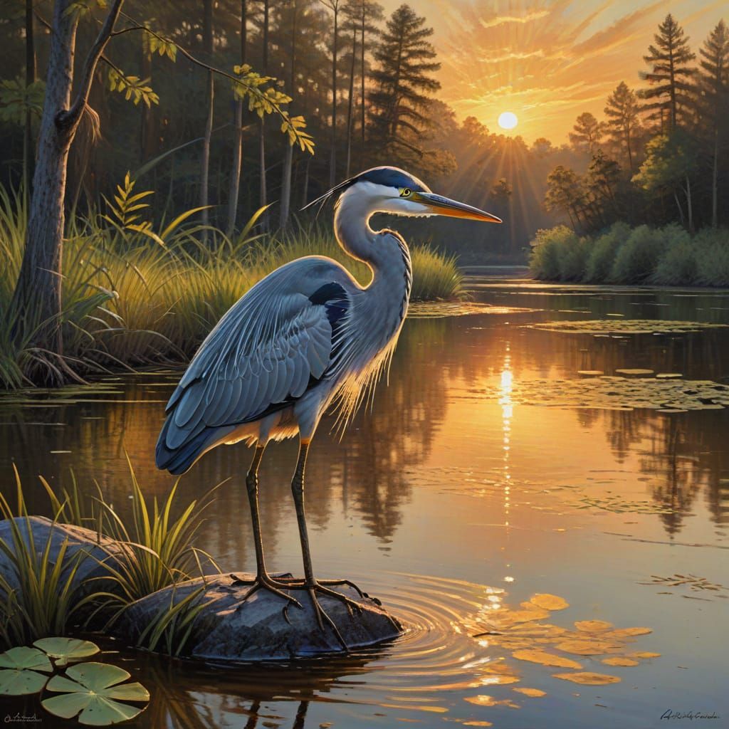 Heron Portrait at Sunset on Forested Lake