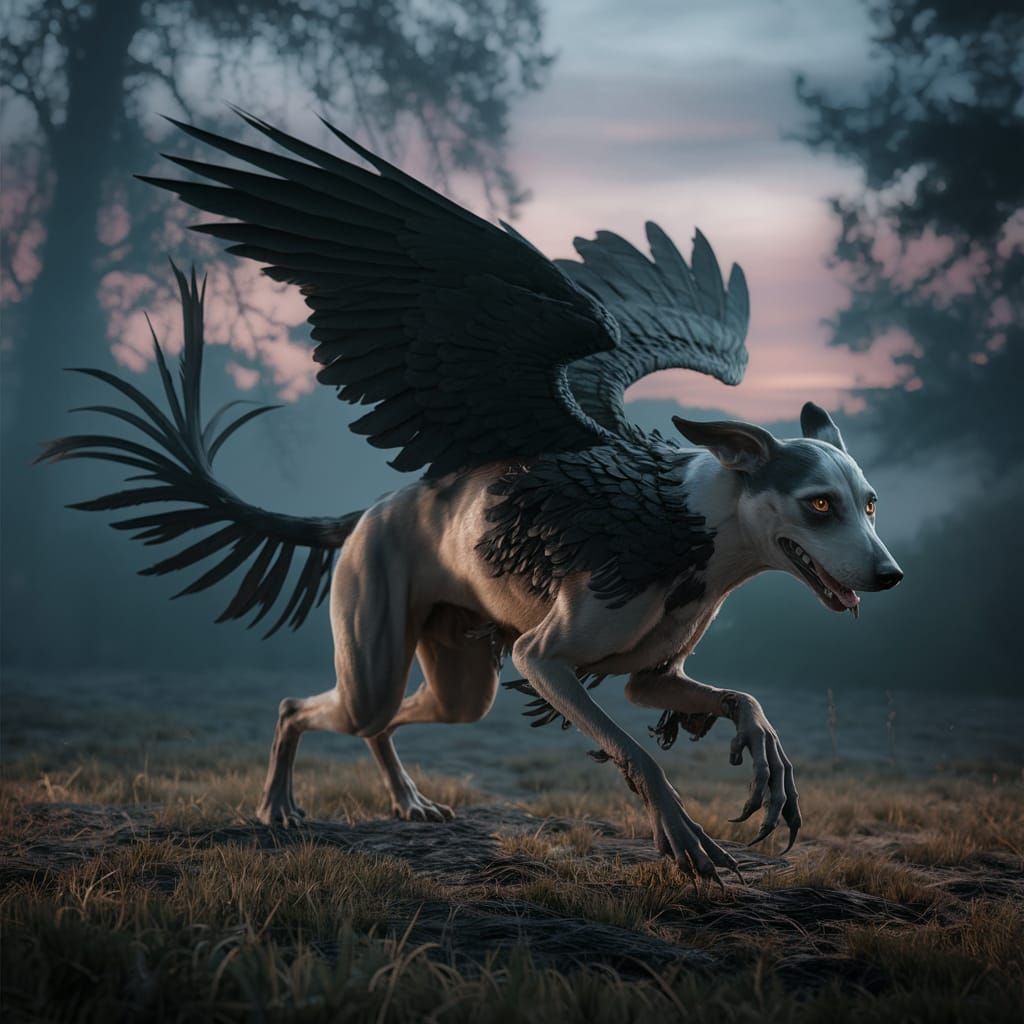 Mystical Crow-Dog Hybrid in Twilight Forest