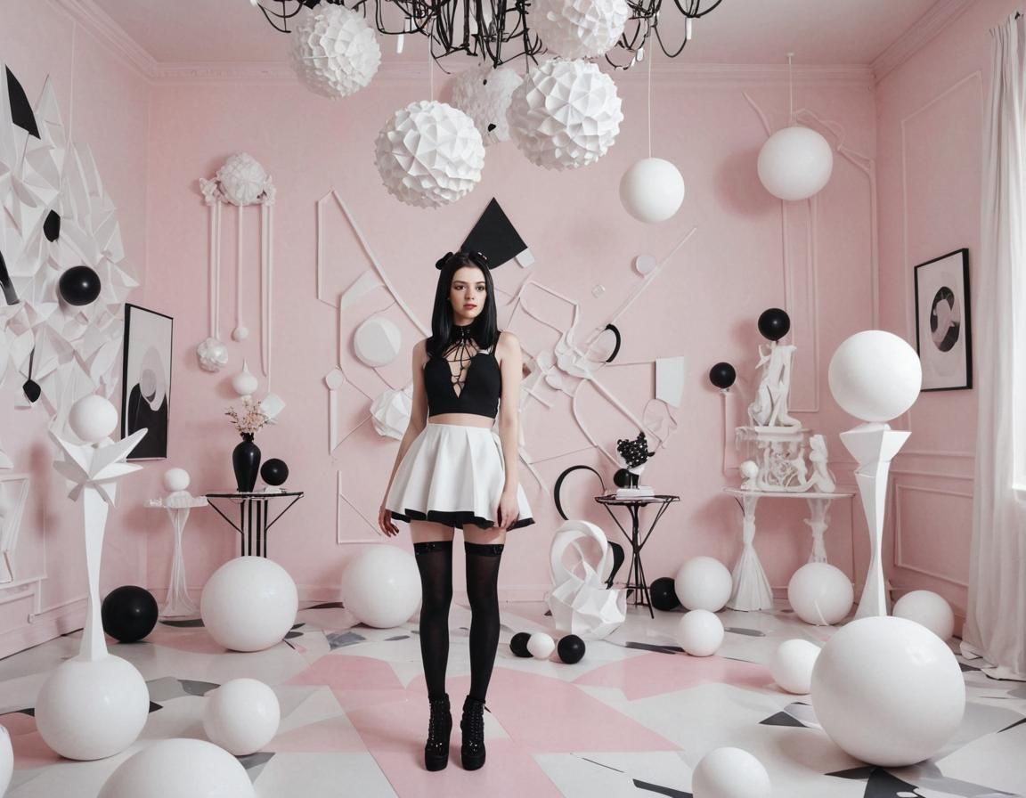 Stylish Goth Girl in Abstract Pink Room