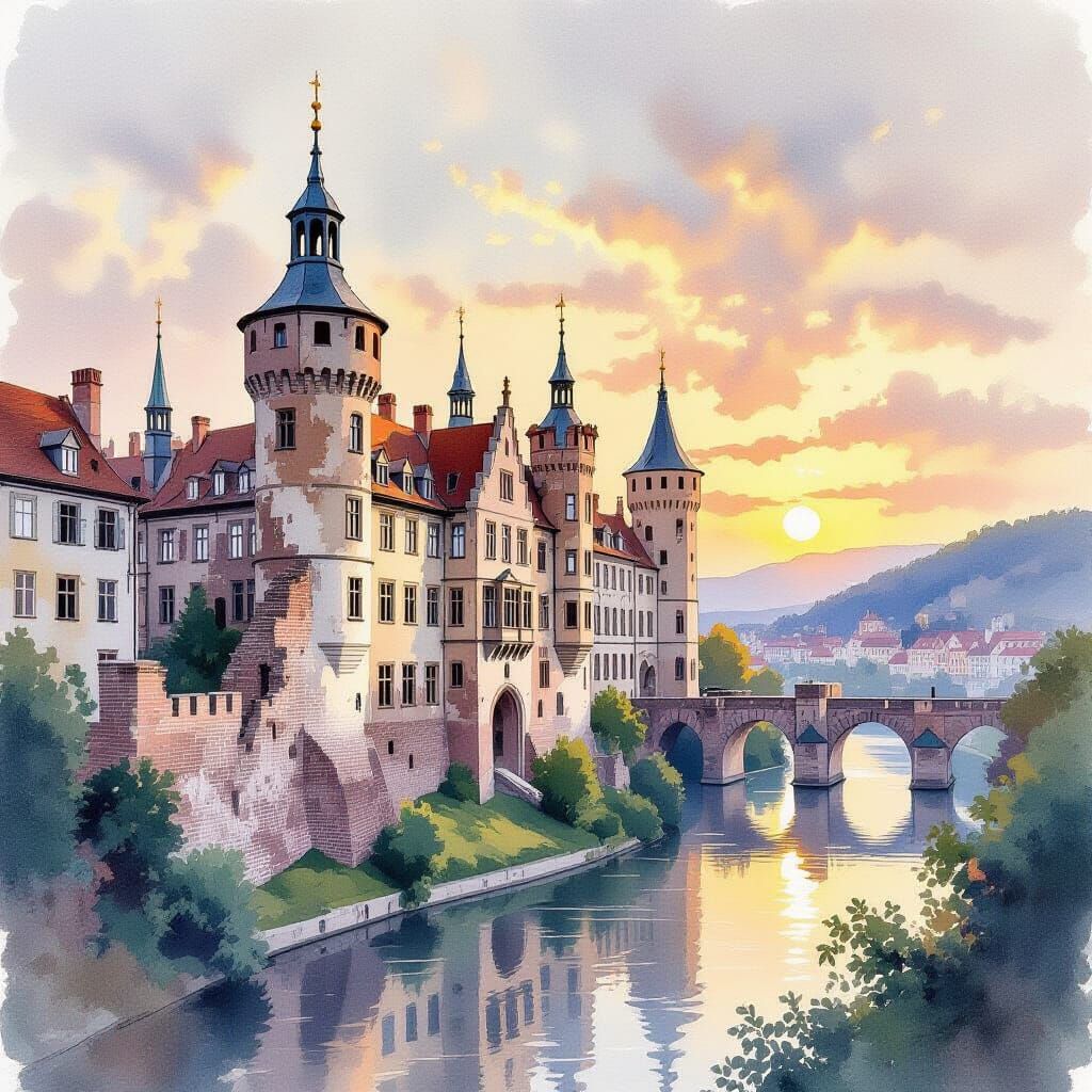 Heidelberg Castle: Romantic Ruin in Watercolor Style
