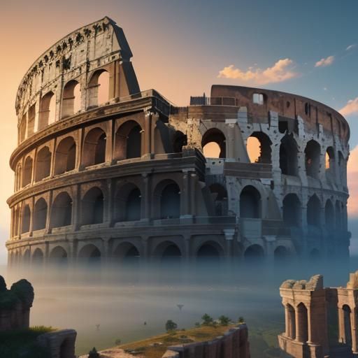 Colosseum Sunset with Floating Islands: Fantasy Concept Art