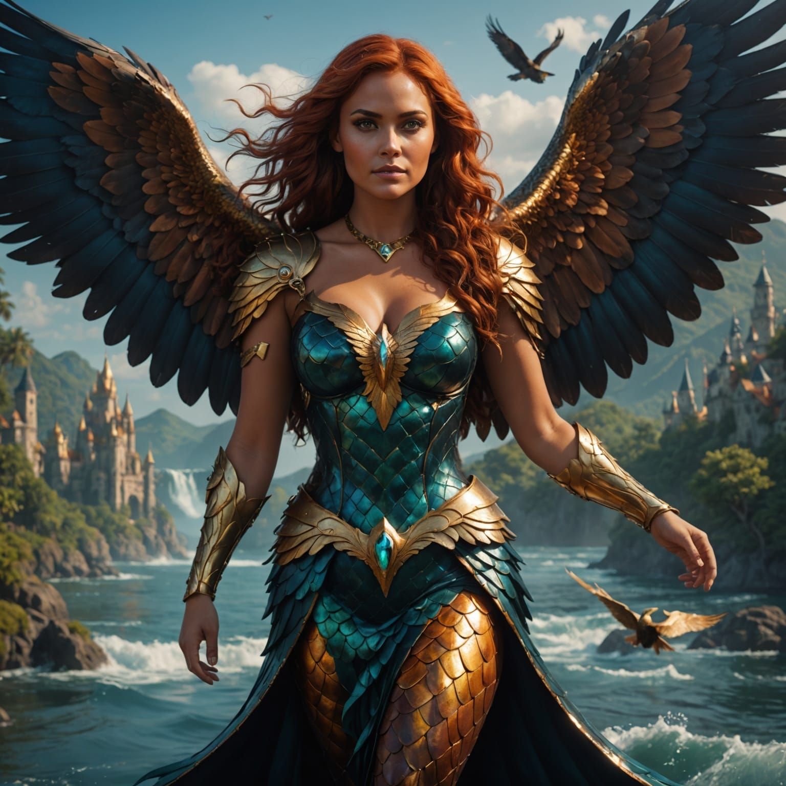 Fantastical Goddess with Eagle Wings and Mermaid Tail in Det...