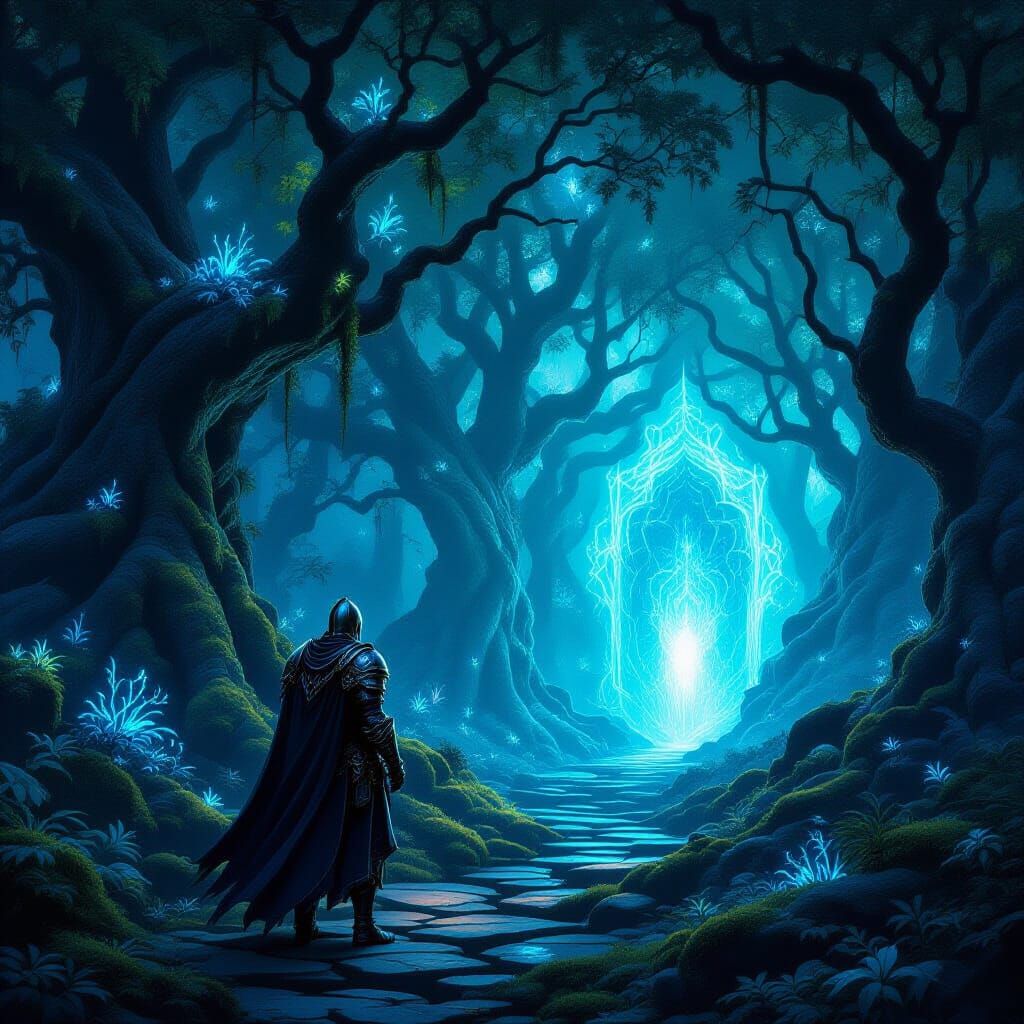 Bioluminescent Forest Knight Gazing at Ethereal Portal