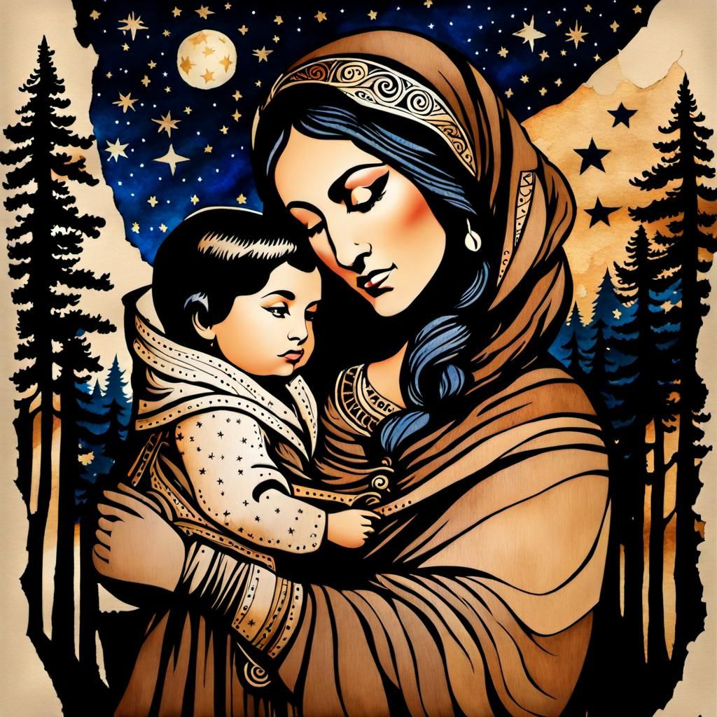 Sacagawea and Baby in Starry Forest Watercolor
