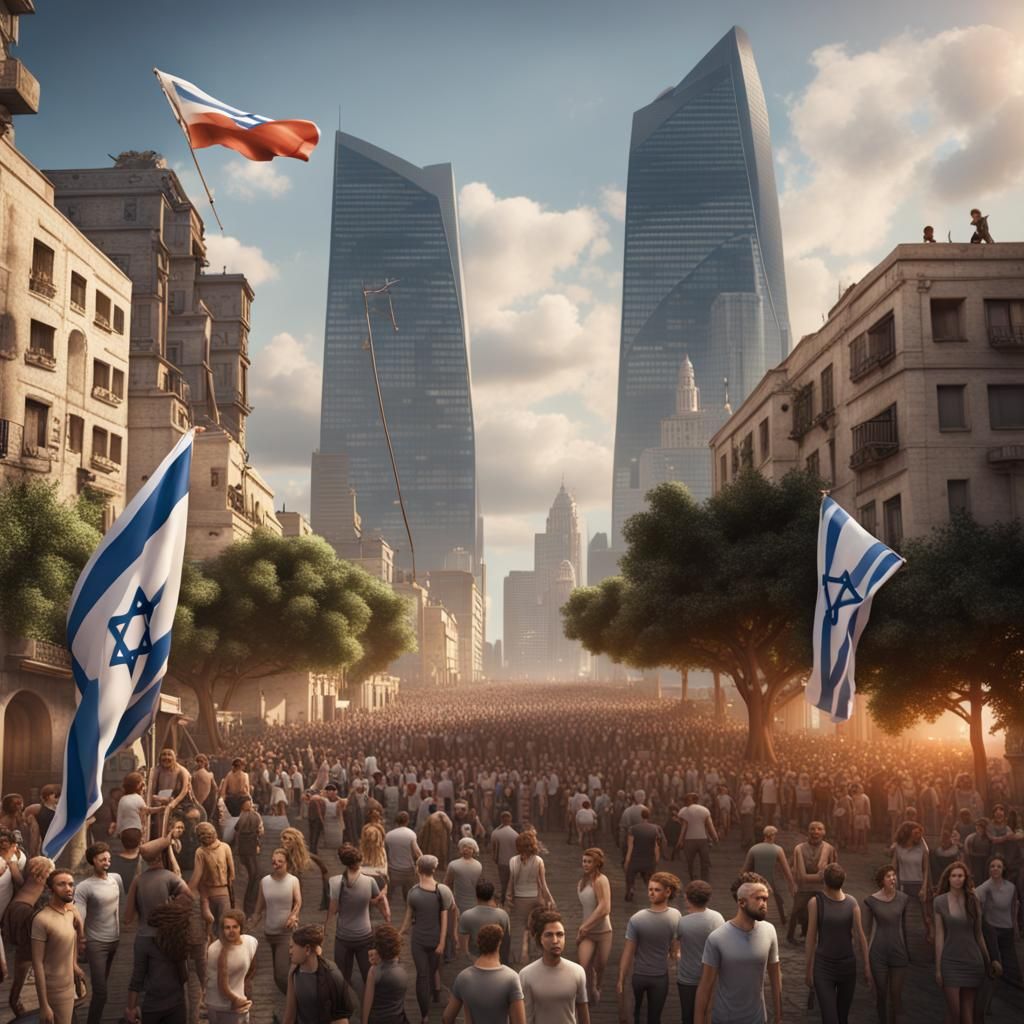 Tel Aviv Demonstration with Israeli Flags, Digital Art