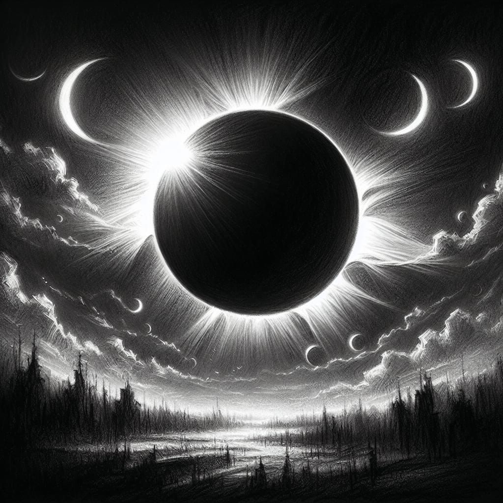 Total Solar Eclipse in Charcoal with Neon Lights