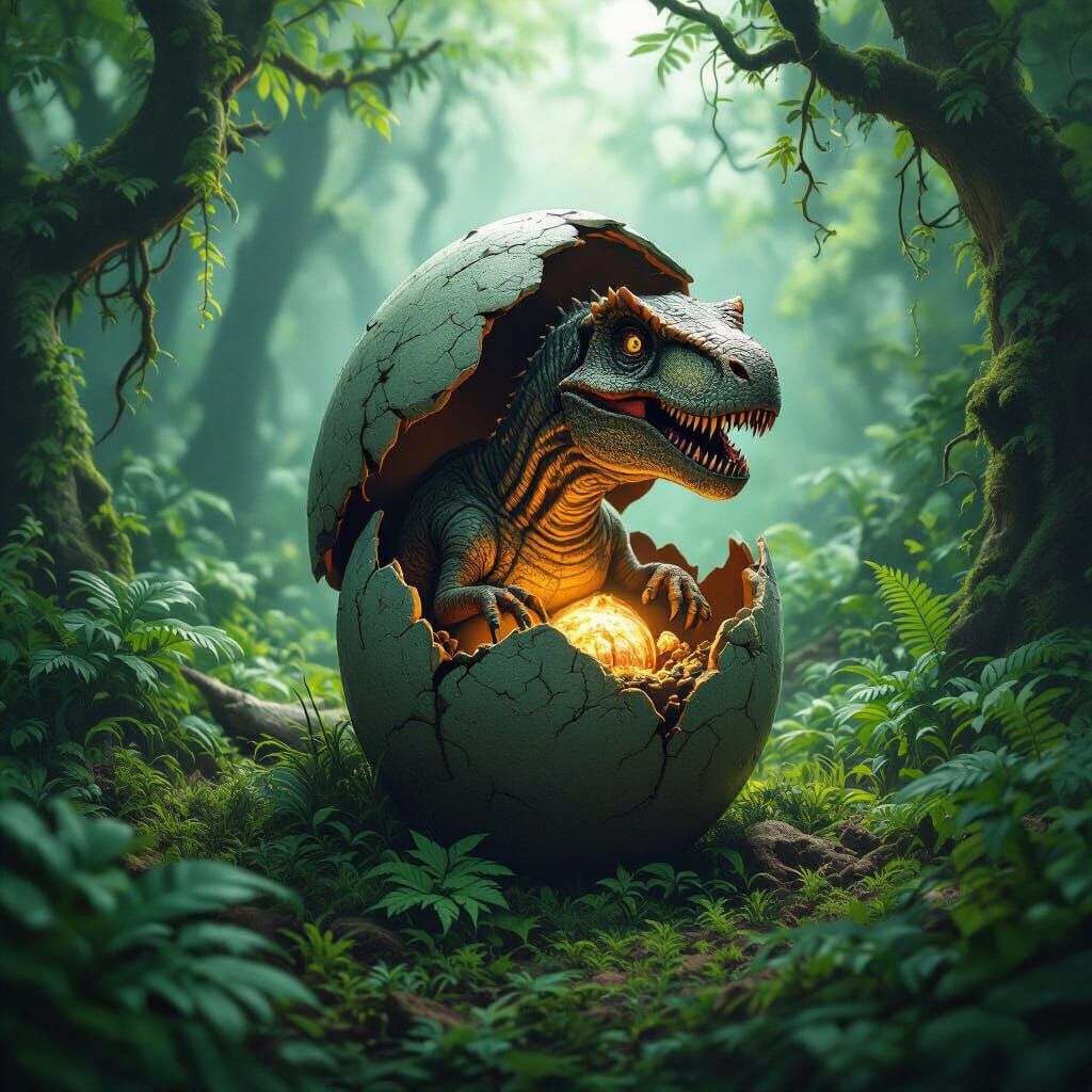 Dinosaur Emerges from Egg in Dark Fantasy Forest
