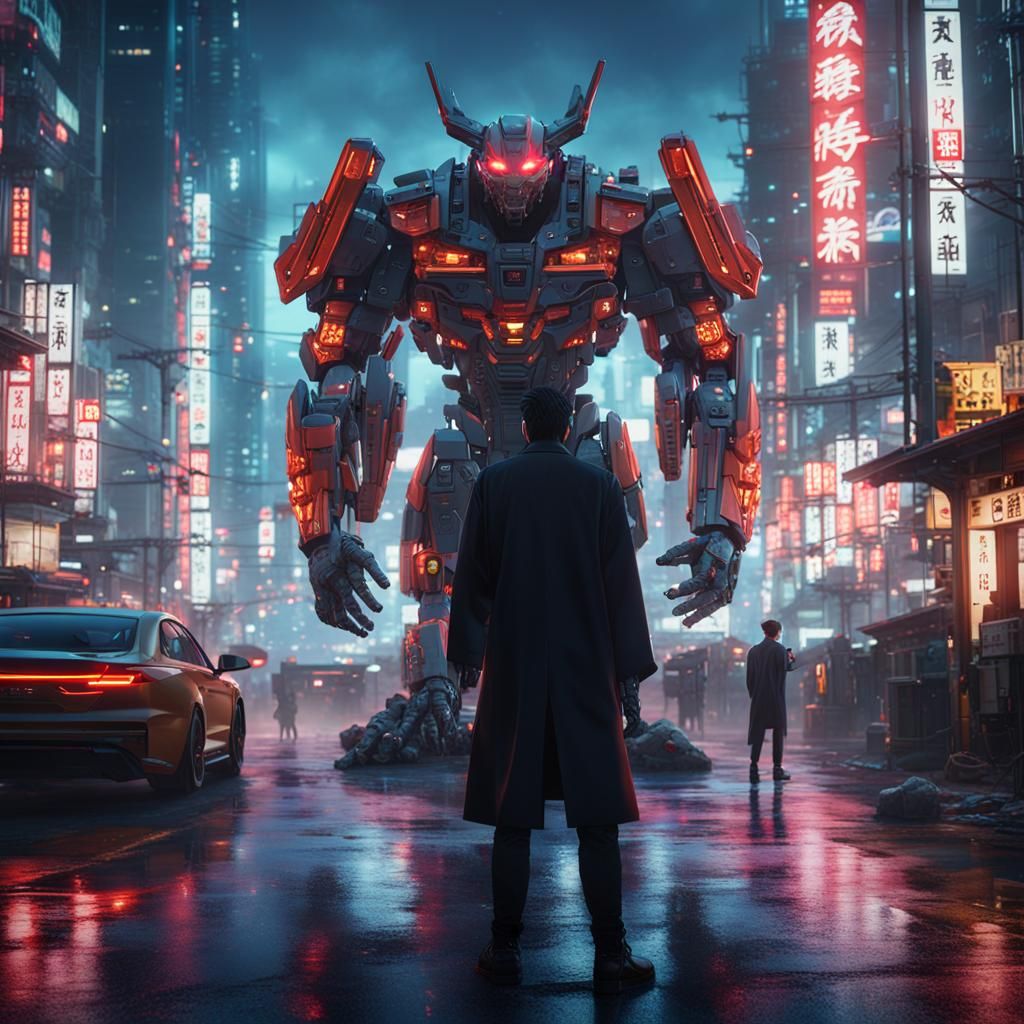 Cyberpunk Yakuza Mech in Futuristic Japanese City