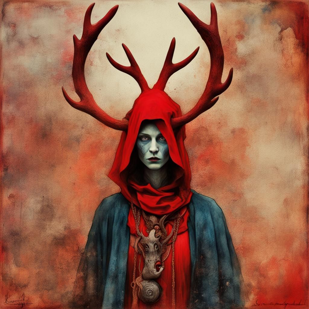Red Ridinghood as a  Space shaman alien wolfman with  antlers   Je me souviens des mouvements hésitants de mes rêves/hol...