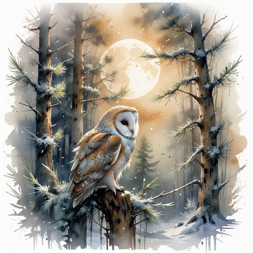 Barn Owl in Winter Forest: Watercolour Art